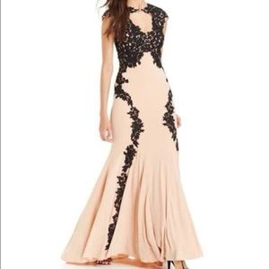 Betsy and Adam Blush and Black Lace Evening Gown with Train Size 0